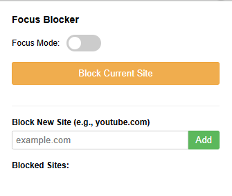 Focus Blocker popup showing the blocklist input and Blocked Sites section