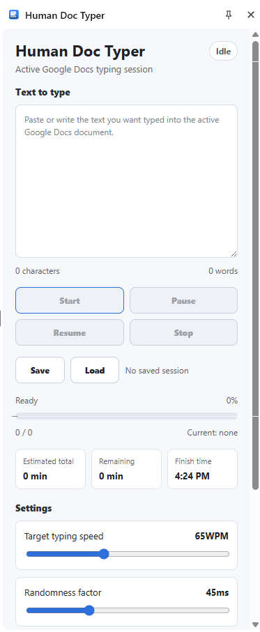 HumanDocTyper popup showing text input area, WPM slider, randomness factor, and playback controls