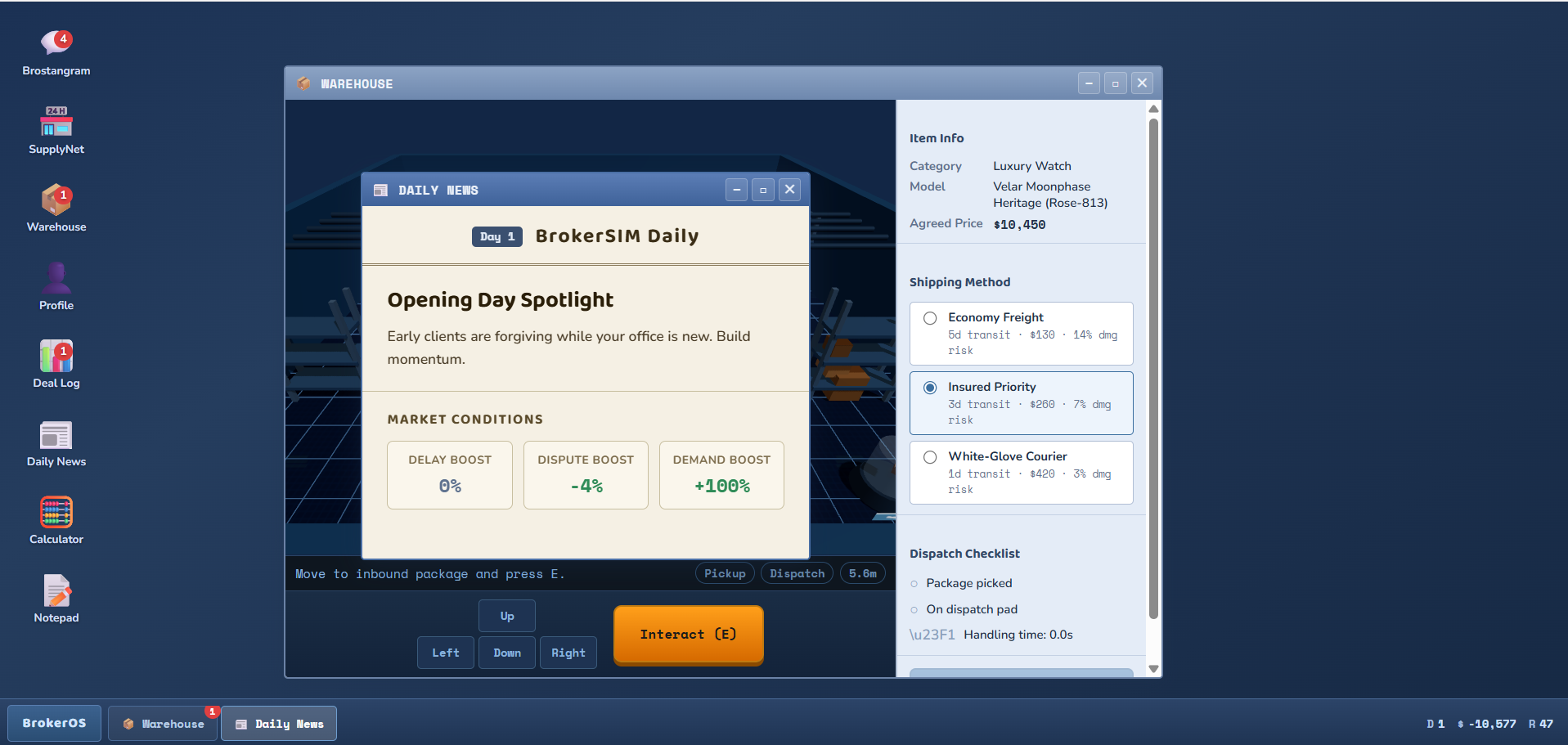 Warehouse with BrokerSIM Daily newsletter overlay showing market conditions