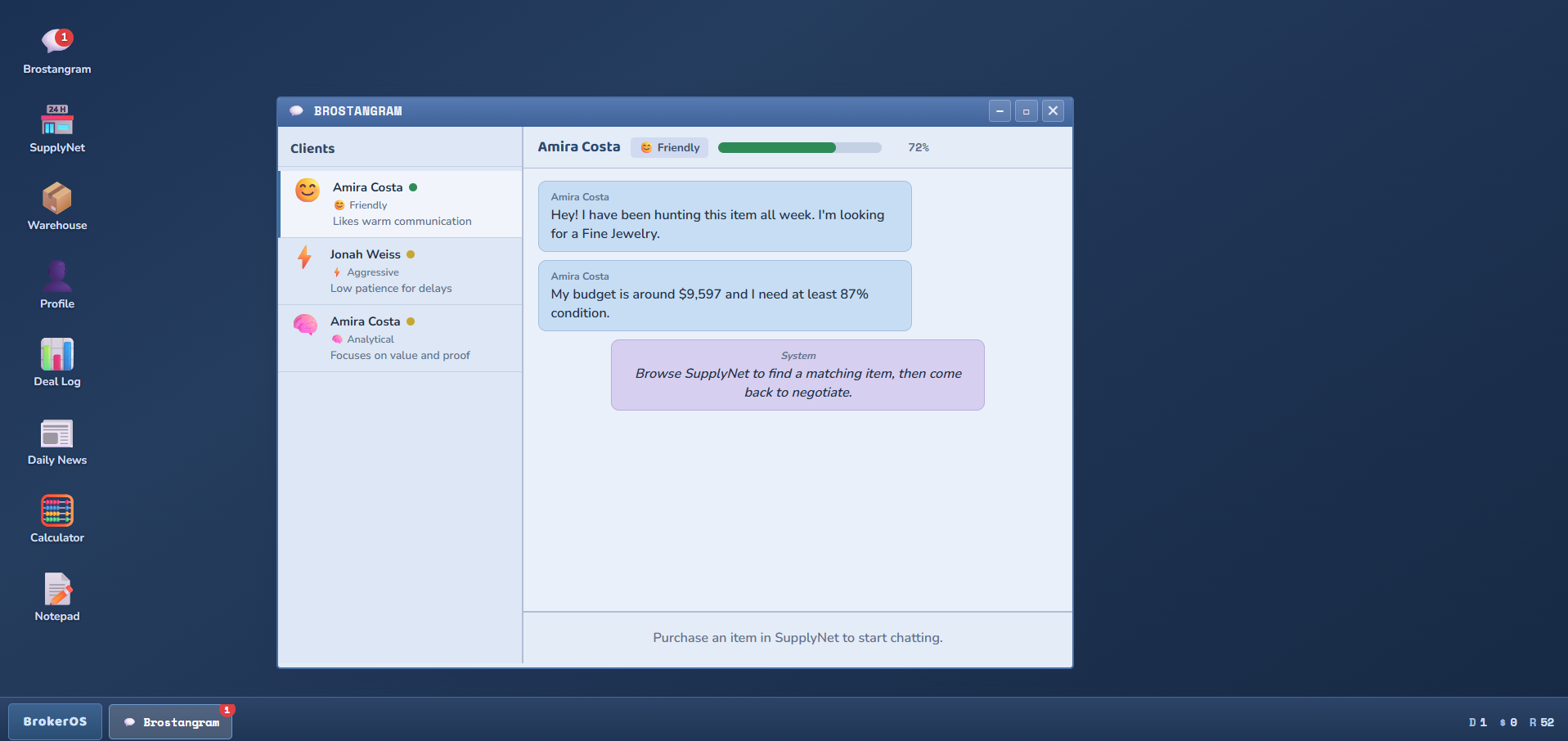 BrokerRoom — initial client contact, Amira Costa (Friendly)