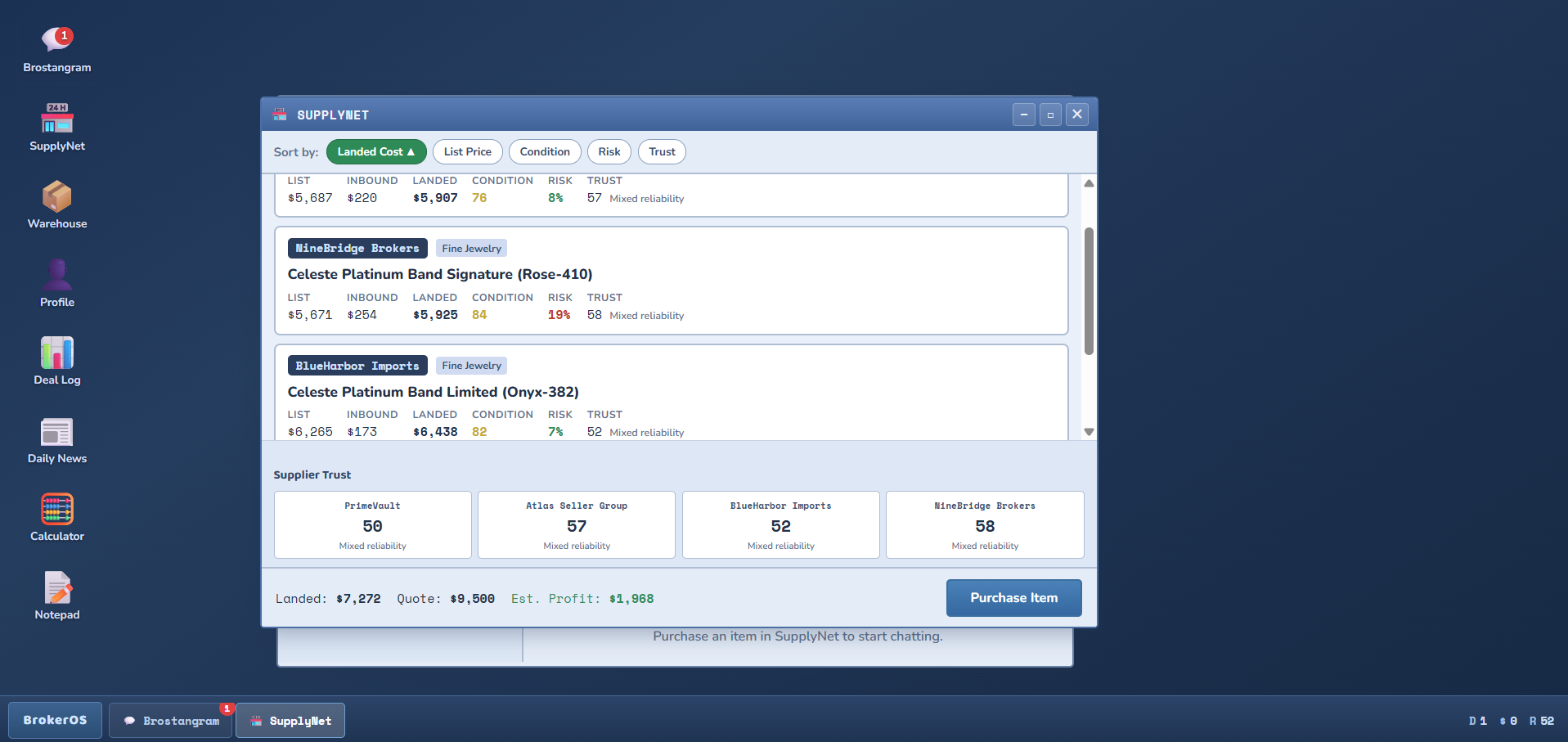 BrokerSIM SupplyNet — supplier listings with trust scores and margin projections