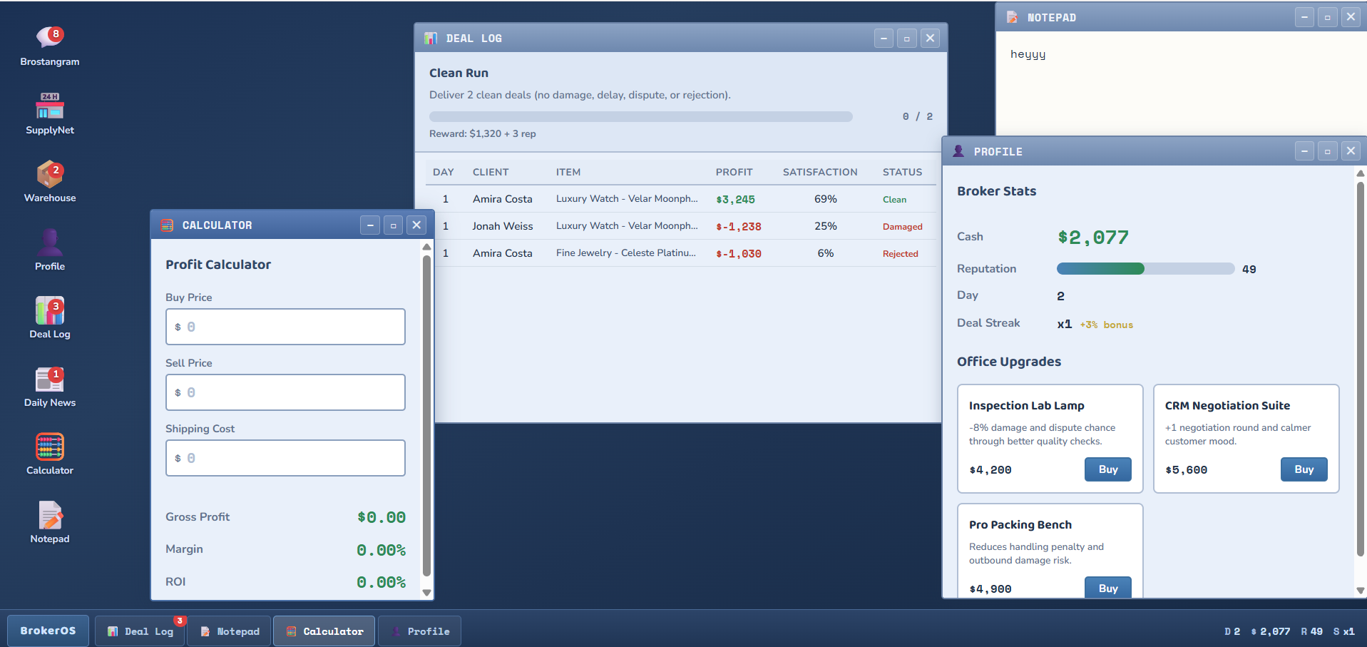 BrokerSIM deal log with profit calculator and broker profile