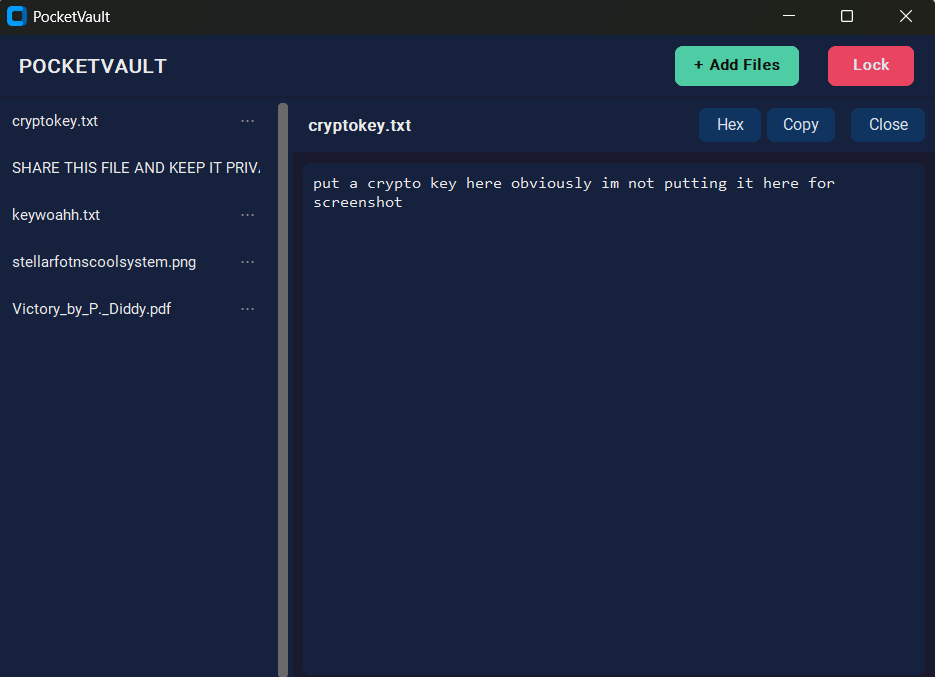 PocketVault main screen — encrypted file list