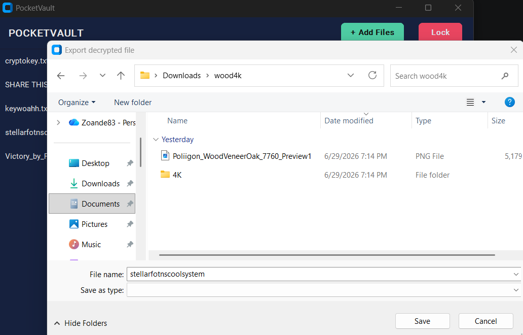 Exporting a decrypted file from PocketVault
