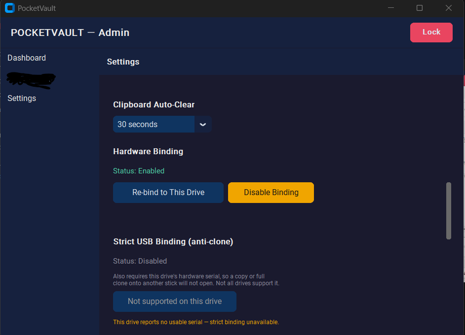 PocketVault hardware-binding settings