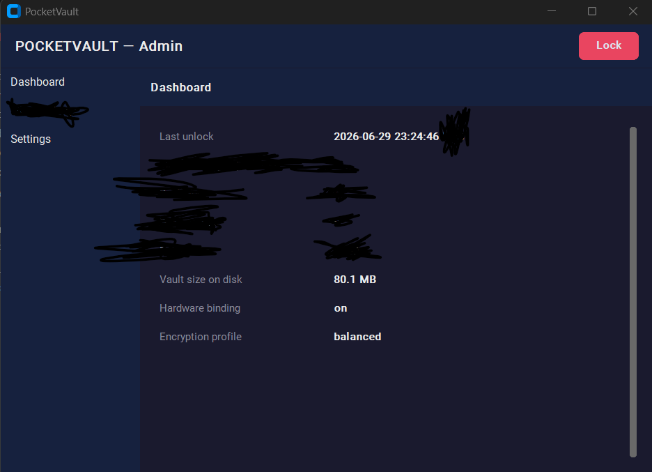 PocketVault settings and dashboard