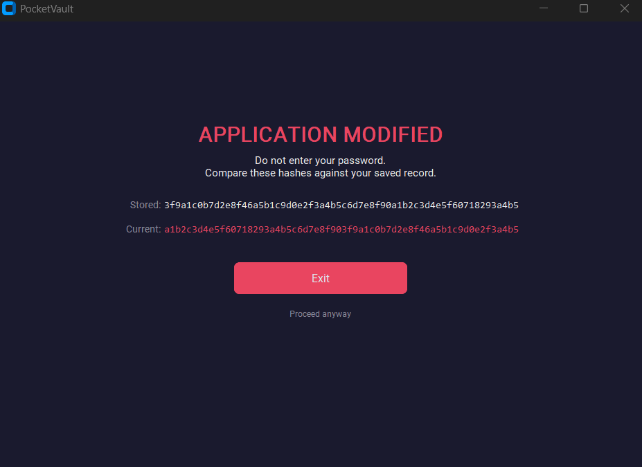 PocketVault integrity / tamper-check screen