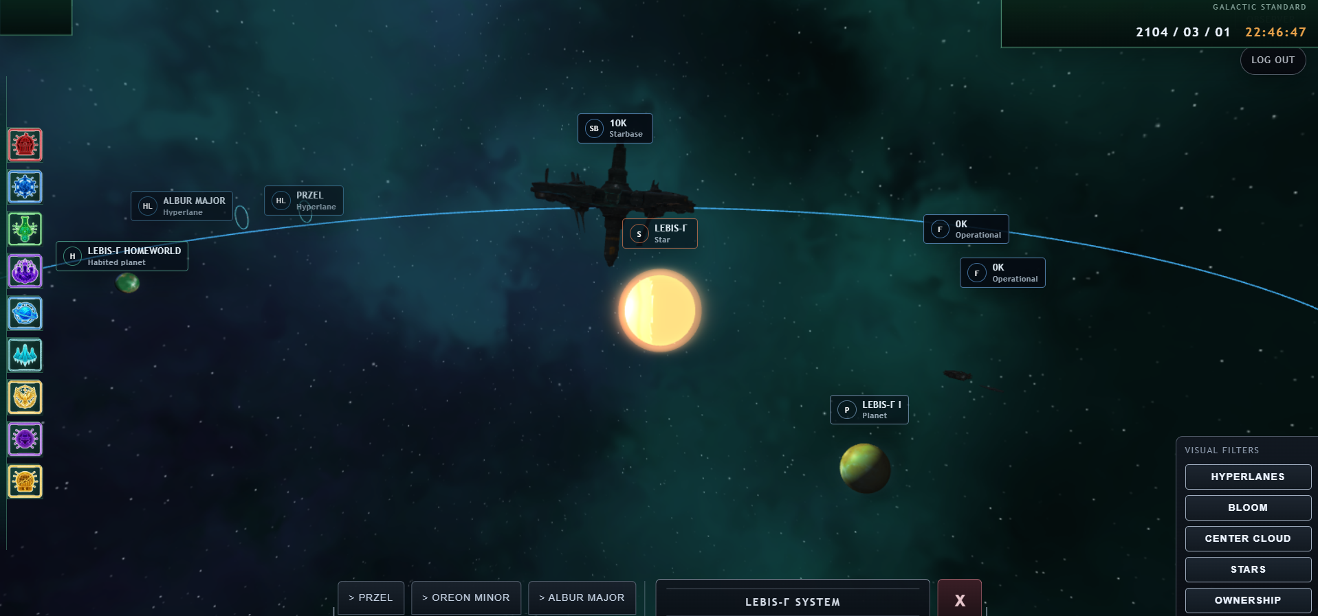 In-game system view with starbases and ships