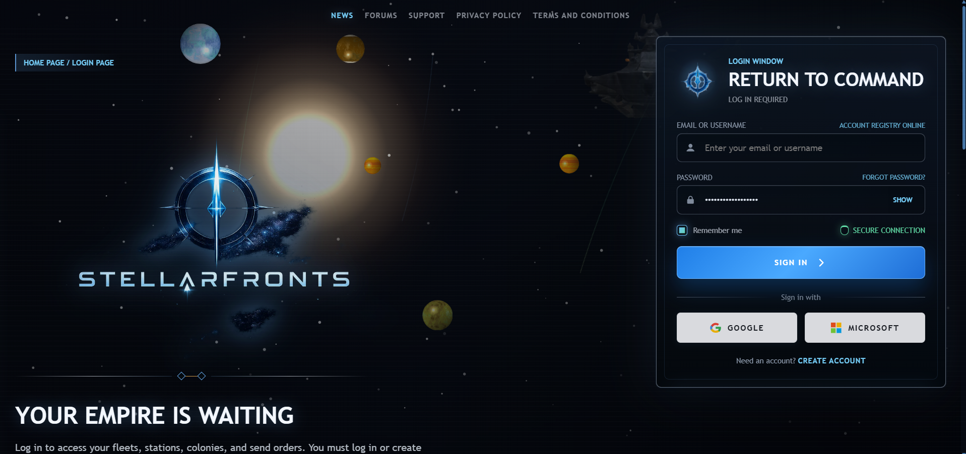 StellarFronts login screen